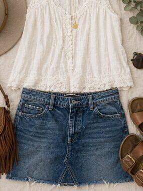 PAIGE Denim Mini Skirt 29 Distressed Raw Hem Medium Wash Premium Jean Skirt